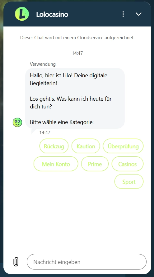 Lolo Casino Live Chat mit Lilo Bot und Support-Kategorien